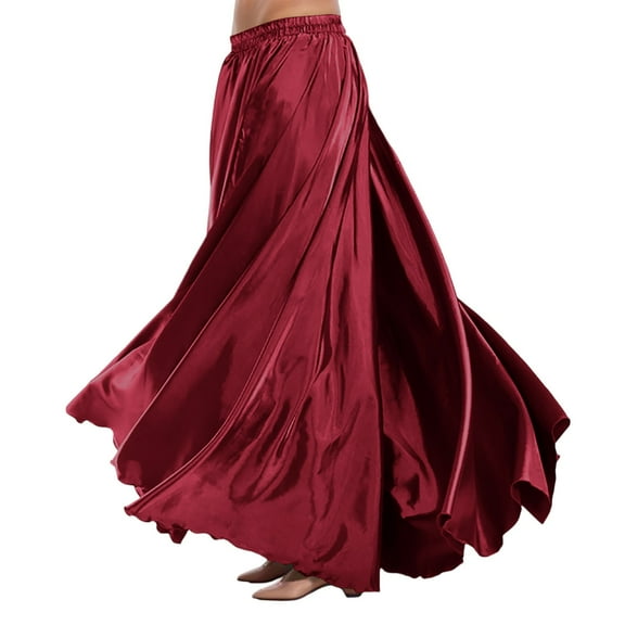 UJNDER Belly Dance Skirt Flowy Performance Skirt With Elastic Waistband Stage Show Practice Casual Wine One Size
