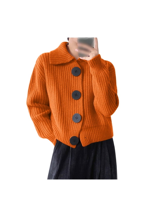 Big Button Knitted Jacket Women's Fashion Retro Lapel Cardigan Sweater Autumn Winter Loose Lazy Style Wear Cardigan Sweaters for Women Orange One Size