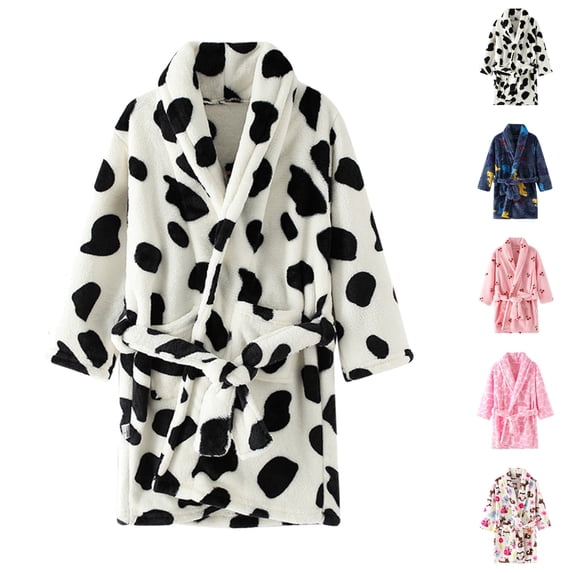 UJNDER Big Kids Long Sleeve Thick Cartoon Print Hooded Flannel Night Bathrobe Pajamas Cute Home Clothes for Boys Girls 3-11 Y Kids Robes for Girls,Black,9-10 Years