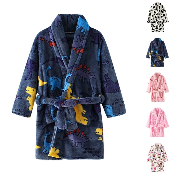 UJNDER Big Kids Long Sleeve Thick Cartoon Print Hooded Flannel Night Bathrobe Pajamas Cute Home Clothes for Boys Girls 3-11 Y Kids Robes for Girls,Blue,8-9 Years