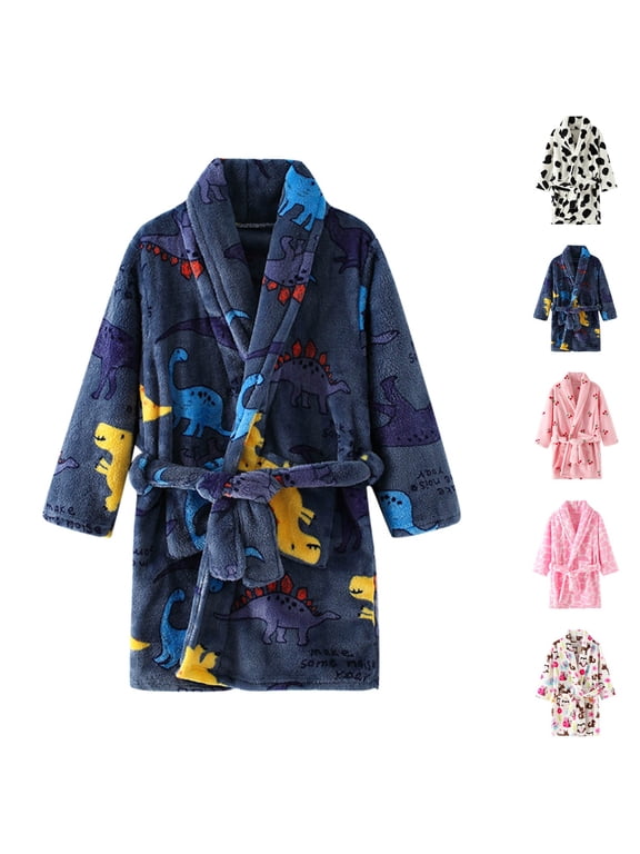 Big Kids Long Sleeve Thick Cartoon Print Hooded Flannel Night Bathrobe Pajamas Cute Home Clothes for Boys Girls 3-11 Y Kids Robes for Girls,Blue,9-10 Years
