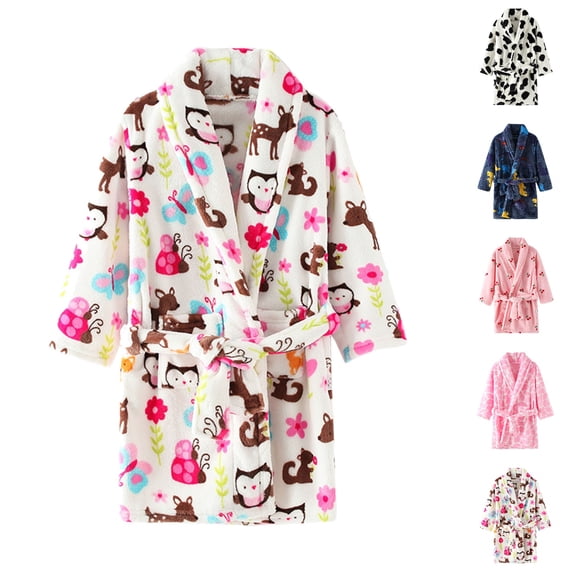UJNDER Big Kids Long Sleeve Thick Cartoon Print Hooded Flannel Night Bathrobe Pajamas Cute Home Clothes for Boys Girls 3-11 Y Kids Robes for Girls,White,7-8 Years