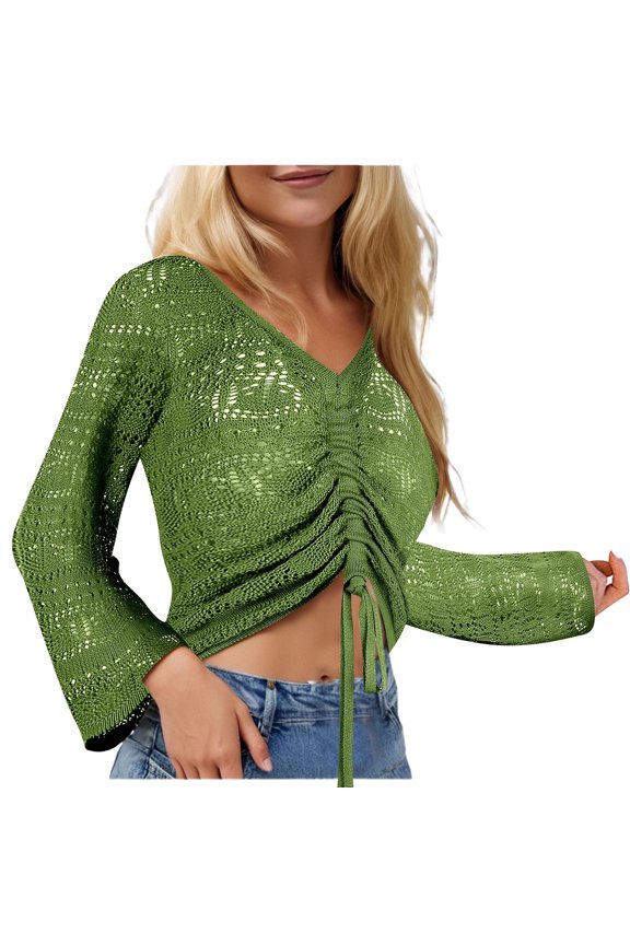 Boho Off The Shoulder Sheer Crop Top with Sleeves Ruffled Sweater for Women Green XL