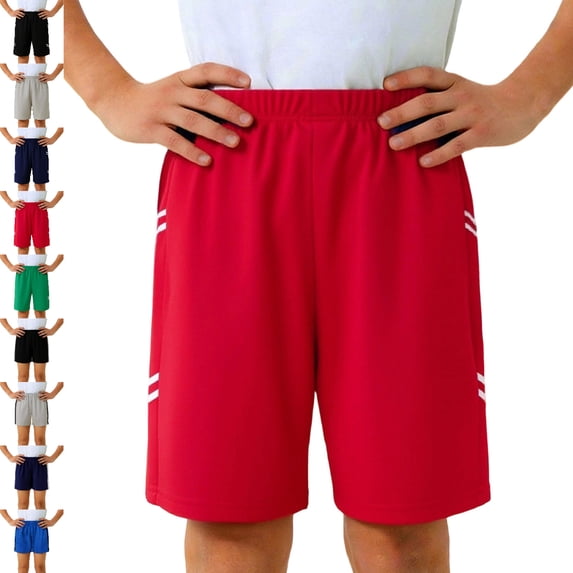 UJNDER Boys Athletic Shorts Athletic Training Basketball Running Mesh Gym Workout No Pocket Activewear for Kids with Striped Design Sweatpant Shorts 02_Red,7-8 Years