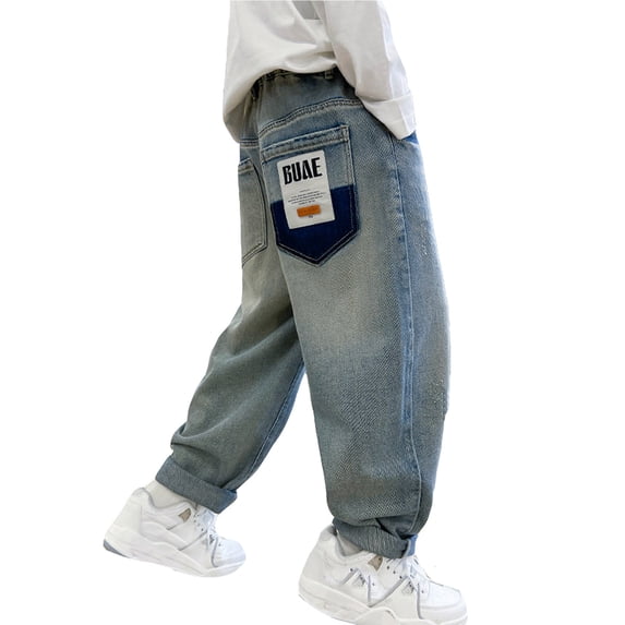 UJNDER Boys Baggy Jeans Straight Leg Jeans with Pockets Elastic Waist Distressed Ripped Denim Pants Boys Pants,Blue,13-14 Years