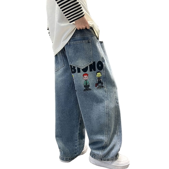 UJNDER Boys Baggy Jeans Straight Leg Jeans with Pockets Elastic Waist Distressed Ripped Denim Pants Boys Pants,Blue,6-7 Years