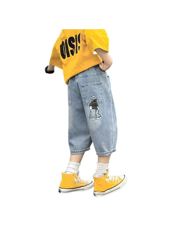 Boys Elastic Waist Wide Leg Casual Denim Capri Trousers Loose Fit with Pockets Style Boys Pants,Blue,3-4 Years