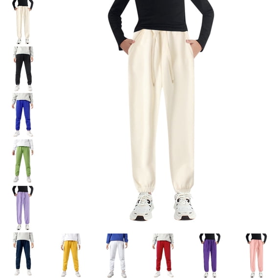 UJNDER Boys Girls Jogger Sweatpants with Pockets Solid Lined Warm Casual Everyday Style Kids Pants,01_Beige,5-6 Years
