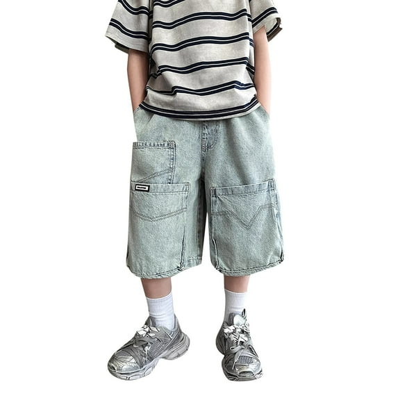 SUXIAN Boys Pants Casual Straight Denim Shorts Loose Denim Workwear And Pockets Comfortable Summer #3_Blue 140