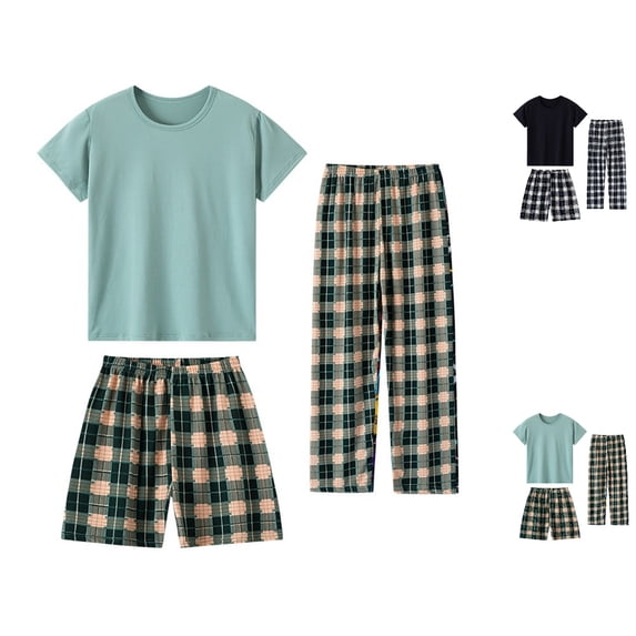 UJNDER Boys Striped Print Round Neck Short Sleeve Tee Shorts and Long Pants Casual Loungewear Three Piece Pajama Set for Kids 3-12Y Boys Pajamas,Blue,4-5 Years