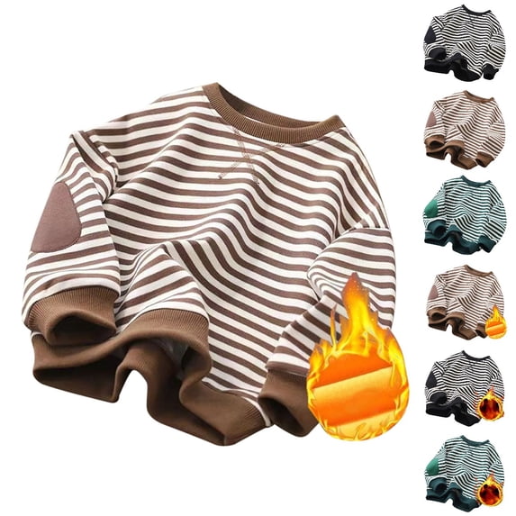 UJNDER Boys Sweatshirts Girls Classic Striped Crewneck Pullover Long Sleeve Thick Warm Top for Winter Casual Comfortable Wear Tops for Teens,02_Brown,3-4 Years
