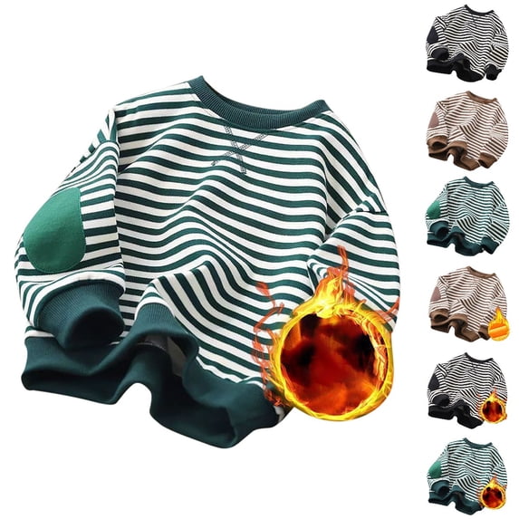UJNDER Boys Sweatshirts Girls Classic Striped Crewneck Pullover Long Sleeve Thick Warm Top for Winter Casual Comfortable Wear Tops for Teens,02_Green,3-4 Years