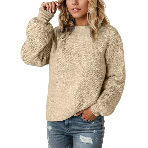 UJNDER Casual Knit Pullover Sweater for Women Soft Yarn Round Neck Long Sleeve Comfortable Loose Fit Winter Fall Fashion Khaki M