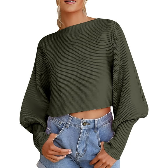 UJNDER Casual Round Neck Knitted Sweater for Women Long Batwing Sleeve Solid Color Soft Loose Ribbed Pullover Army Green M