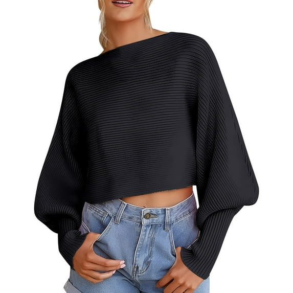 UJNDER Casual Round Neck Knitted Sweater for Women Long Batwing Sleeve Solid Color Soft Loose Ribbed Pullover Black XL