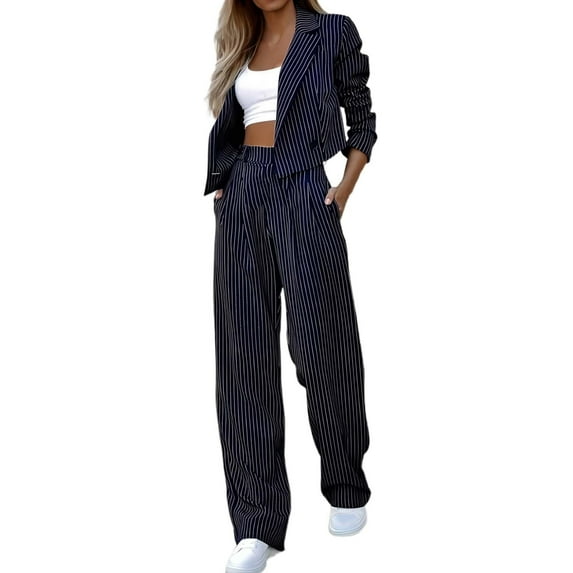 UJNDER Casual Striped Short Lapel Suit Straight Pant Suit Pant Suits for Women Blue S