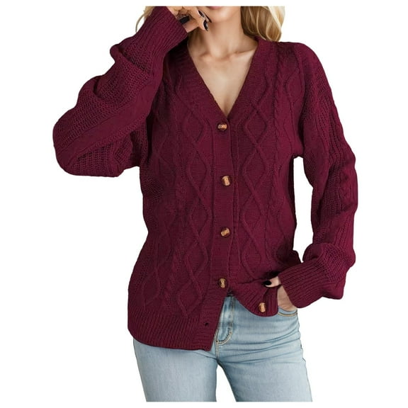UJNDER Casual V Neck Button Knit Cardigan Sweater Coat for Women Fall Winter Wear Red S