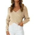 thumbnail image 1 of UJNDER Casual V Neck Long Sleeve Sweater for Women Wrap Front Off Shoulder Irregular Hem Knitted Short Pullover Beige One Size, 1 of 4