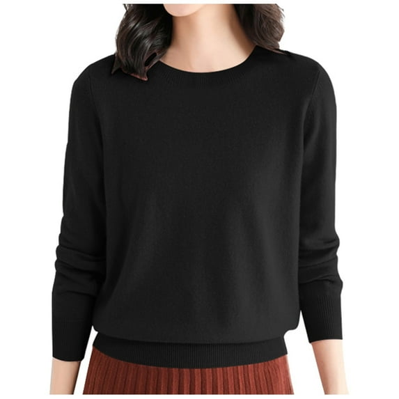 UJNDER Classic Casual Wool Shirt Tops for Women Crewneck Long Sleeve Tee Pullover Sweater Black M