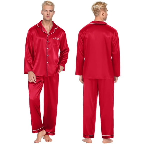 UJNDER Comfortable Long Sleeve Night Gown Set for Couples Made of Silk Soft Pajamas for Women Red M