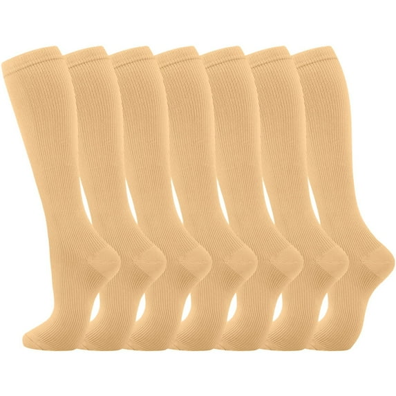 UJNDER Compression Socks 7 Pairs Men Women Circulation Knee High Support For Athletic Running Cycling Beige