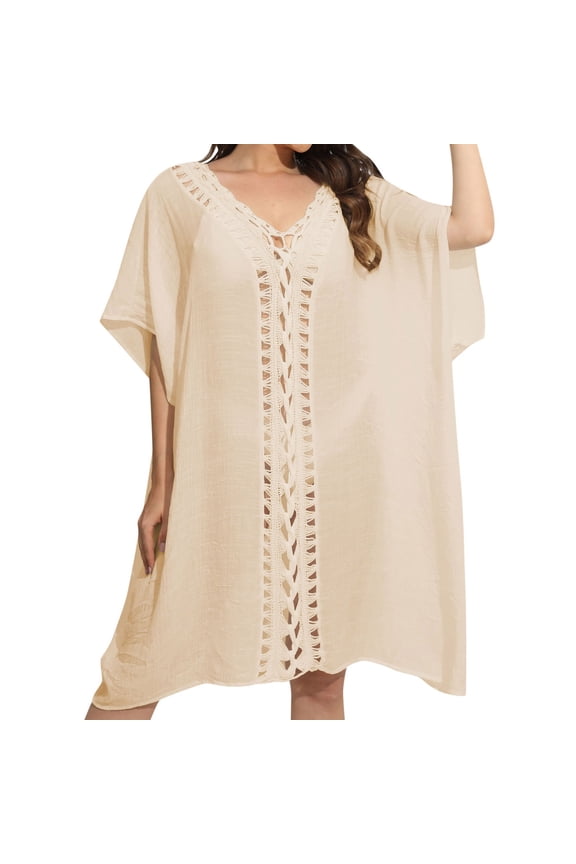 Cover Ups for Swimwear Women Womens Crochet Floral Patchwork Loose Dress Beach Cover up for Swimsuits Beige One Size