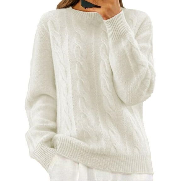 UJNDER Crewneck Long Sleeve Knit Pullover Sweater for Women Cable Knit Style White S