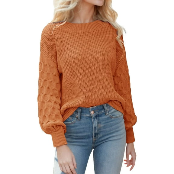 UJNDER Crewneck Long Sleeve Puff Sleeve Sweater for Women Casual Loose Knitted Pullover Orange S