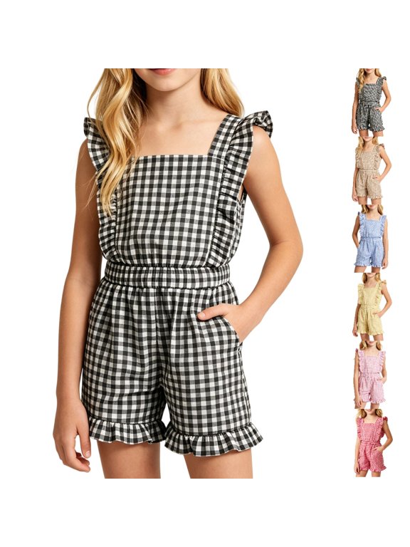 Cute Romper Girls' Striped Sleeveless Ruffle Square Neck Playsuit with Pockets Summer Jumpsuit Outfit,Black,13-14 Years