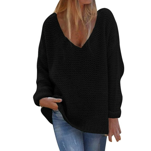 UJNDER Deep V Neck Waffle Long Sleeve Knit Sweater Loose Fit for Women Casual Pullover Top Black XL