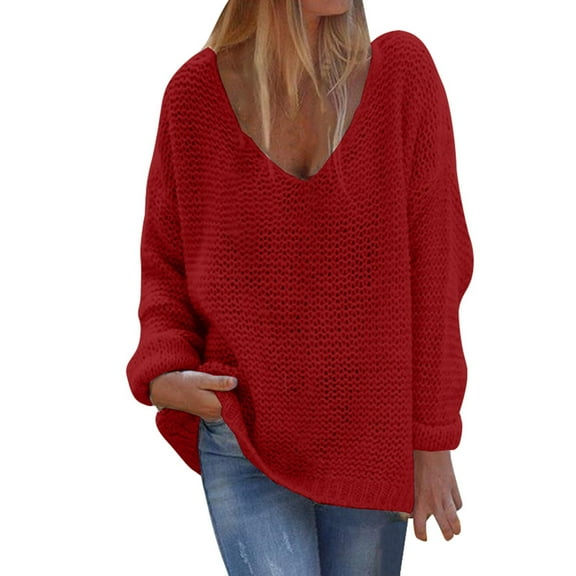 UJNDER Deep V Neck Waffle Long Sleeve Knit Sweater Loose Fit for Women Casual Pullover Top RD1 L