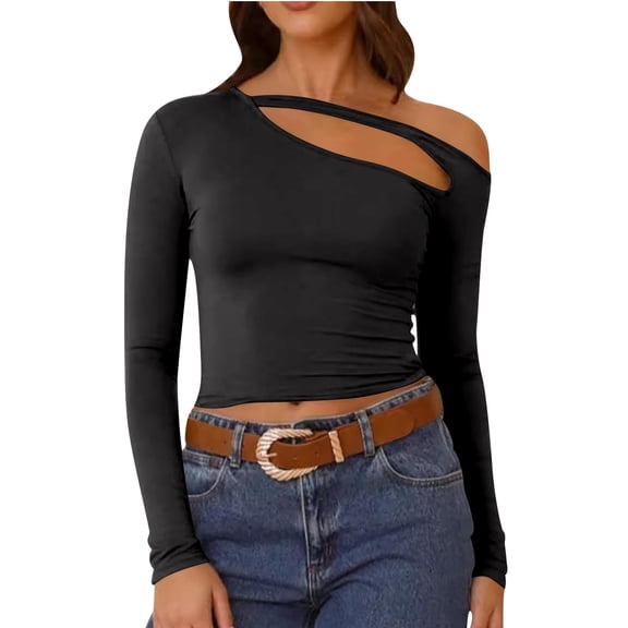 UJNDER Elegant Commute Hollow Out Irregular Neck Slim Fit Long Sleeve Crop Tops for Women Casual Fashion Top Black M