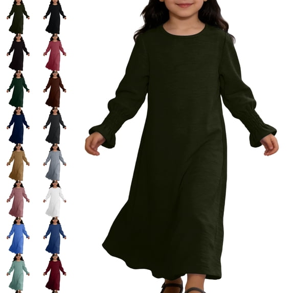 UJNDER Elegant Girls Dress with Floral Lace and Round Neck Pure Color Party Gown for Celebration Age 3-12 Long Dress Army Green,9-10 Years