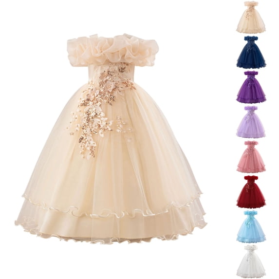 UJNDER Elegant Girls Dresses for Casual Wedding and Party with Off Shoulder Design and Tutu Skirt for Ages 7-12 Long Floral Dress Beige,12 Years