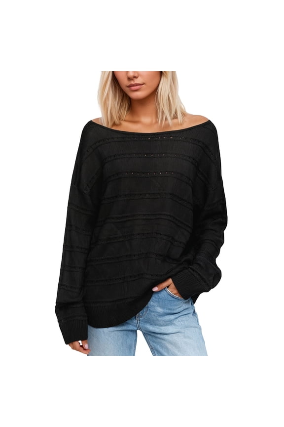 Elegant Off Shoulder Pullover Sweater for Crochet Knit Long Sleeve Soft Yarn Loose Fit Casual Wear Comfortable Feminine Blouse Cozy Winter Fall Black XXL