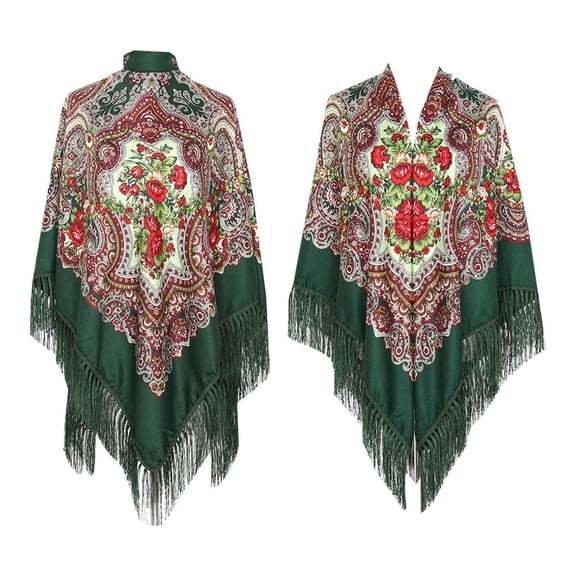 UJNDER Extra Large Printed Scarf 160cm x 160cm In Ethnic Style with Tassels for Autumn and Spring Army Green