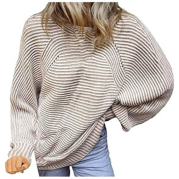 UJNDER Fall Winter Sweaters for Women Knit Striped Batwing Pullover Oversized Long Sleeve Khaki L