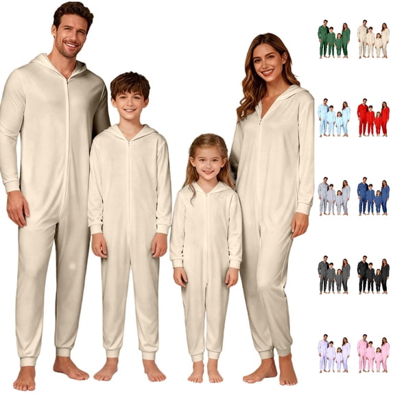 UJNDER Family Christmas Pajamas Matching Sets Hooded Zip Up for Family Cozy Loungewear Holiday Outfit for Kids,Beige,10-11 Years