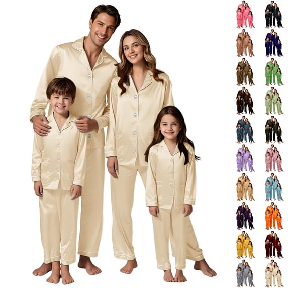 UJNDER Family Christmas Pajamas Matching Sets Long Sleeve Satin Sleepwear Pure Color Two Piece Loungewear Holiday Outfit for Dad,01_Beige,XXL