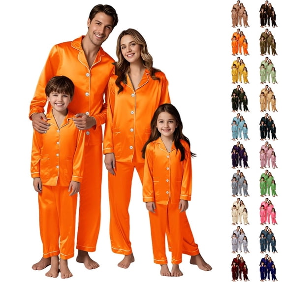 UJNDER Family Christmas Pajamas Matching Sets Long Sleeve Satin Sleepwear Pure Color Two Piece Loungewear Holiday Outfit,01_Orange,11-12 Years