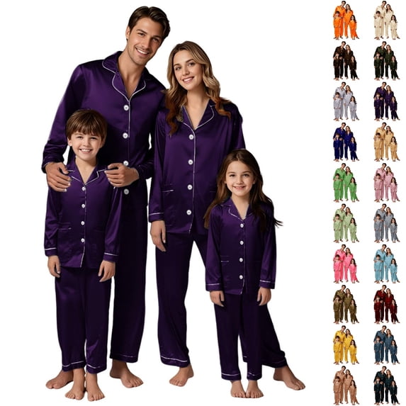 UJNDER Family Christmas Pajamas Matching Sets Long Sleeve Satin Sleepwear Pure Color Two Piece Loungewear Holiday Outfit for Mom,01_Purple,S