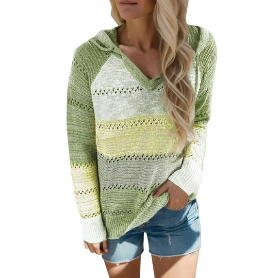UJNDER Fashion Casual Sweater Patchwork Blouse Tops Long Sleeves Women V Neck Hooded Women's Blouse Green XL