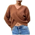 thumbnail image 1 of UJNDER Fashion Solid Crop V Neck Long Sleeve Knit Sweater Pullover for Women Coffee XL, 1 of 5