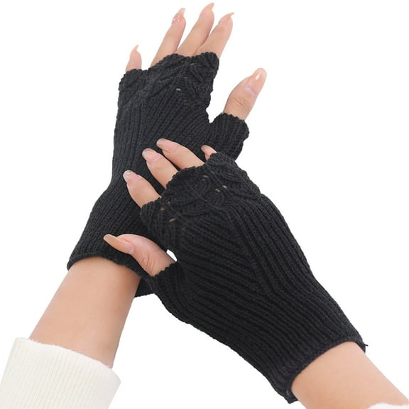 UJNDER Fingerless Gloves for Women Half Finger Winter Stretchy Knit Fingerless Mittens Unisex for Comfortable Wear Black One Size