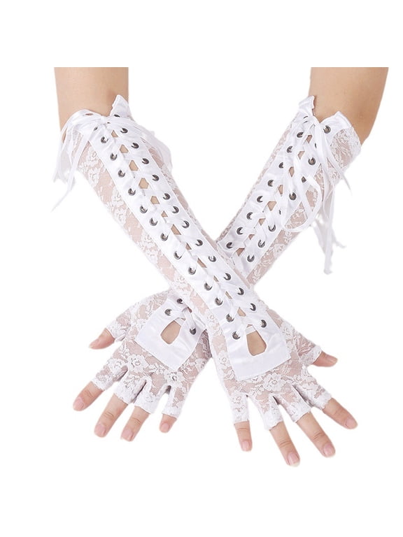 Fingerless Steam Punk Witch Long Elbow Arm Warmers Lace Sleeves for Party Halloween Gloves Mittens White