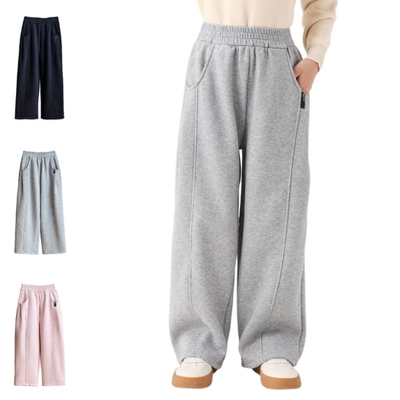 UJNDER Girl's Casual Winter Pure Color Slim Fit Loose Trousers for Big Kids Sporty Bottoms Wide Leg Sweatpants,Grey,7-8 Years