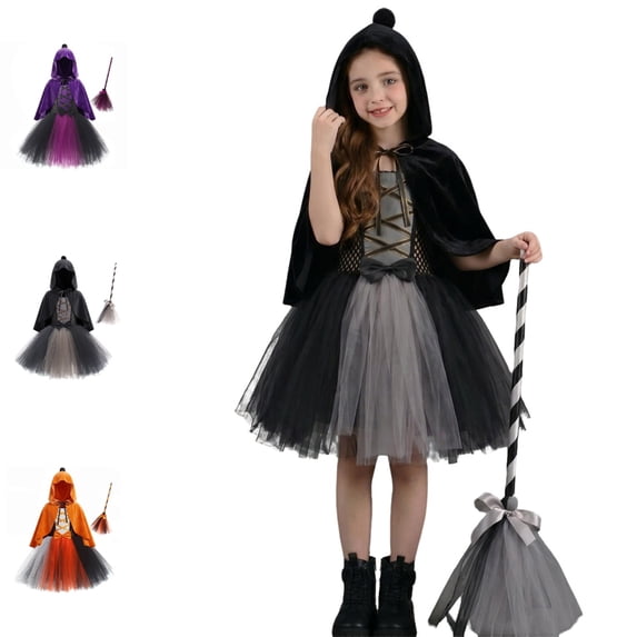 UJNDER Girl's Halloween Witch Costume Dress with Pumpkin Outfit for Role Play Party and Trick Or Toddler Girl Outfits,Grey,8-9 Years