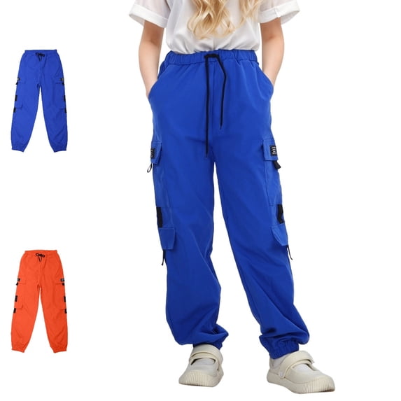 UJNDER Girl's High Waisted Drawstring Loose Fit Joggers with Pockets for Street Dance Cargo Sweatpants,Blue,13-14 Years