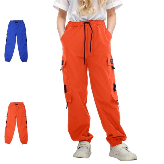 UJNDER Girl's High Waisted Drawstring Loose Fit Joggers with Pockets for Street Dance Cargo Sweatpants,Orange,7-8 Years
