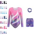 thumbnail image 1 of UJNDER Girl's Long Sleeve Gymnastics Leotard with Glitter Gold Print Dance Pants and Headband Set Girls Dance Outfit,04_Pink,11-12 Years, 1 of 5